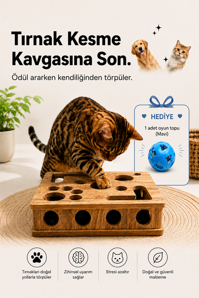 Kedi Tırnak Törpüleyen Tırmalama ve Oyun Kutusu Ahşap Kedi Zeka Oyuncağı