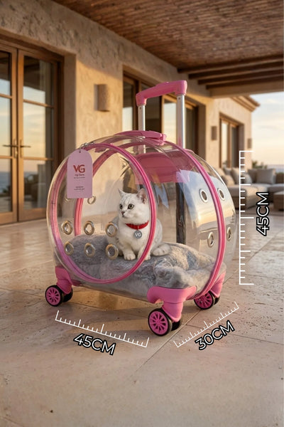 Premium XL Çekçekli Kedi Taşıma Valizi | Şeffaf Astronot Kedi & Küçük Köpek Taşıma Çantası Tekerlekli Şeffaf-Pembe