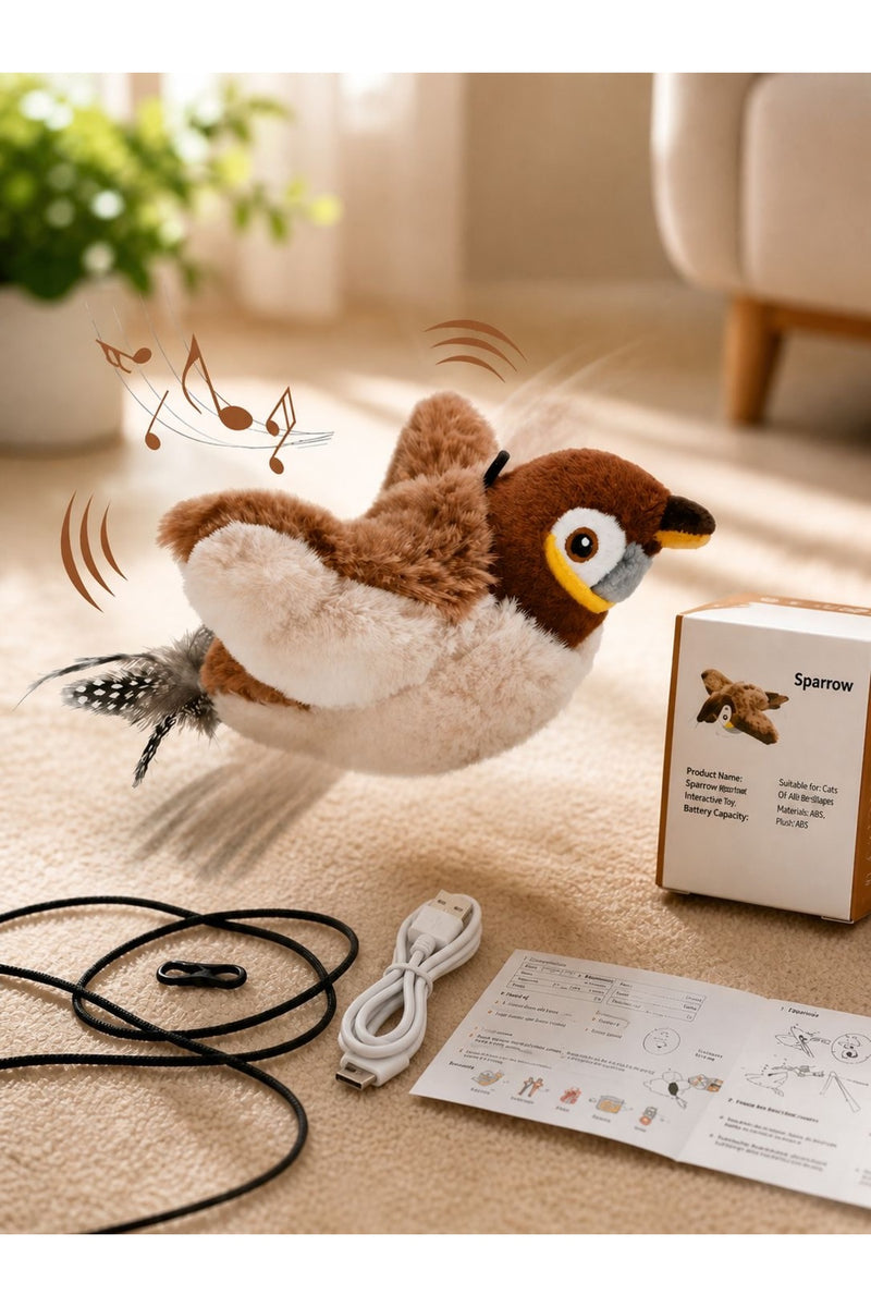 MİYAVHAV USB Şarjlı Uçan Kuş Kedi Oyuncağı Sesli & Hareketli Peluş Kedi Oyuncağı Kutulu