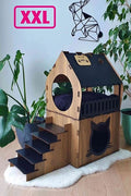 XXL Teraslı Dubleks Ahşap Kedi Evi | Büyük Demonte MDF Kedi Evi | 97x52x90 cm | Kemençe - Siyah