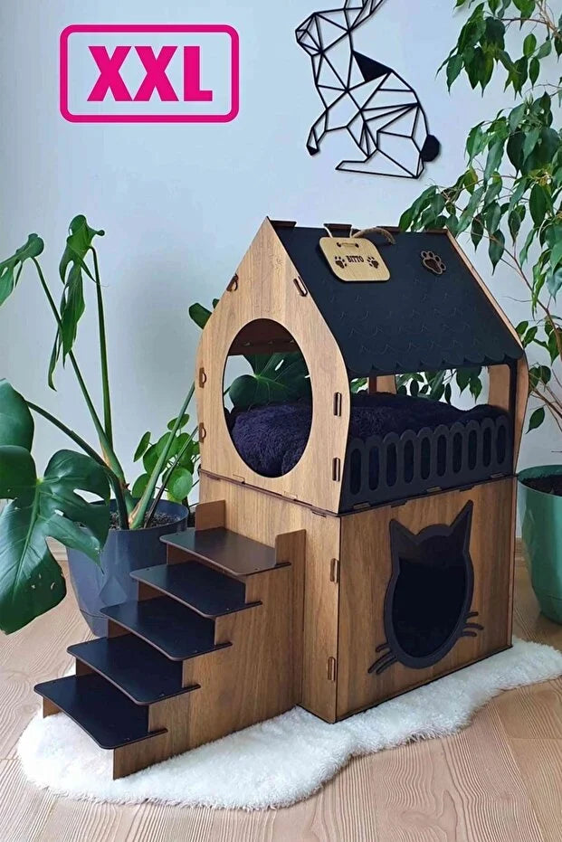 XXL Teraslı Dubleks Ahşap Kedi Evi | Büyük Demonte MDF Kedi Evi | 97x52x90 cm | Kemençe - Siyah