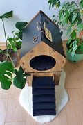 XXL Teraslı Dubleks Ahşap Kedi Evi | Büyük Demonte MDF Kedi Evi | 97x52x90 cm | Kemençe - Siyah